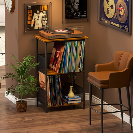 Record Player Stand Up to 200 Albums, Vinyl Storage Table with Extended Wooden Desktop, Record Player Holder for Albums, Vinyl Stand End Table Storage Rack for Bedroom & Living Room Honkazita