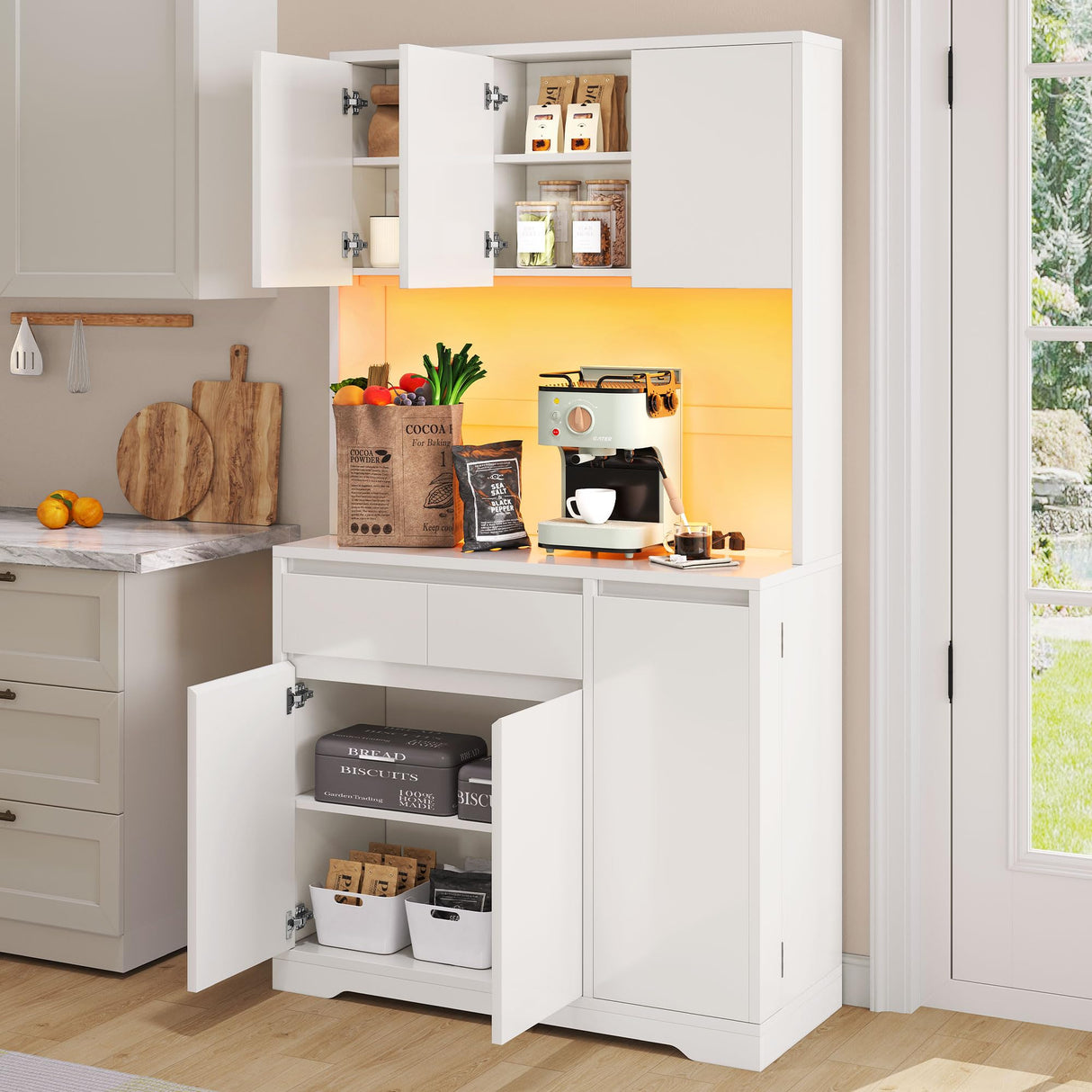 DWVO 71''Tall Kitchen Pantry Storage Cabinet, Modern Buffet Cabinet with Hutch, Kitchen Hutch Cabinet with Outlet, Large Food Pantry Cabinet with Doors and Shelves, Wine Rack for Dining Room, White DWVO