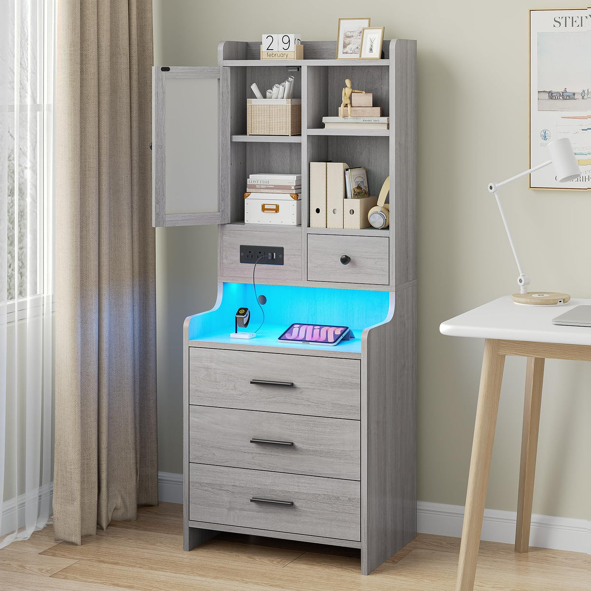 BTHFST Grey Nightstand Set of 2, LED Night Stand Set 2 with Charging Station, Tall Bedside Table with Bookshelf & Drawers, End Side Table with Lights & Storage BTHFST