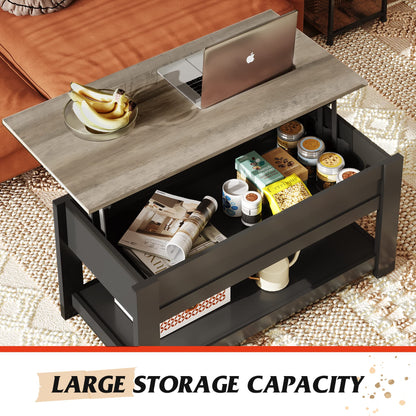 WLIVE Modern Rustic Coffee Table with Storage Shelf and Hidden Compartment,Wood Lift Tabletop for Home Living Room,Black,Greige. - WoodArtSupply