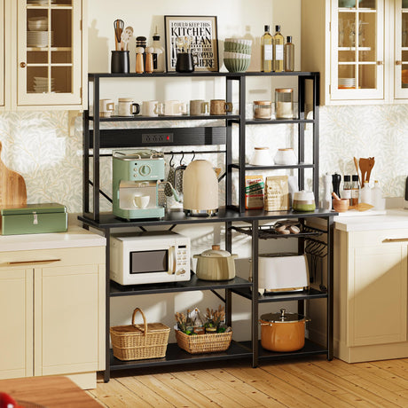SUPERJARE Larger Bakers Rack with Power Outlets, 6-Tier Microwave Stand, Coffee Bar with 12 S-Shaped Hooks, Kitchen Shelf with Wire Basket, 47.2 x 15.5x 66.9 Inches, Black SUPERJARE
