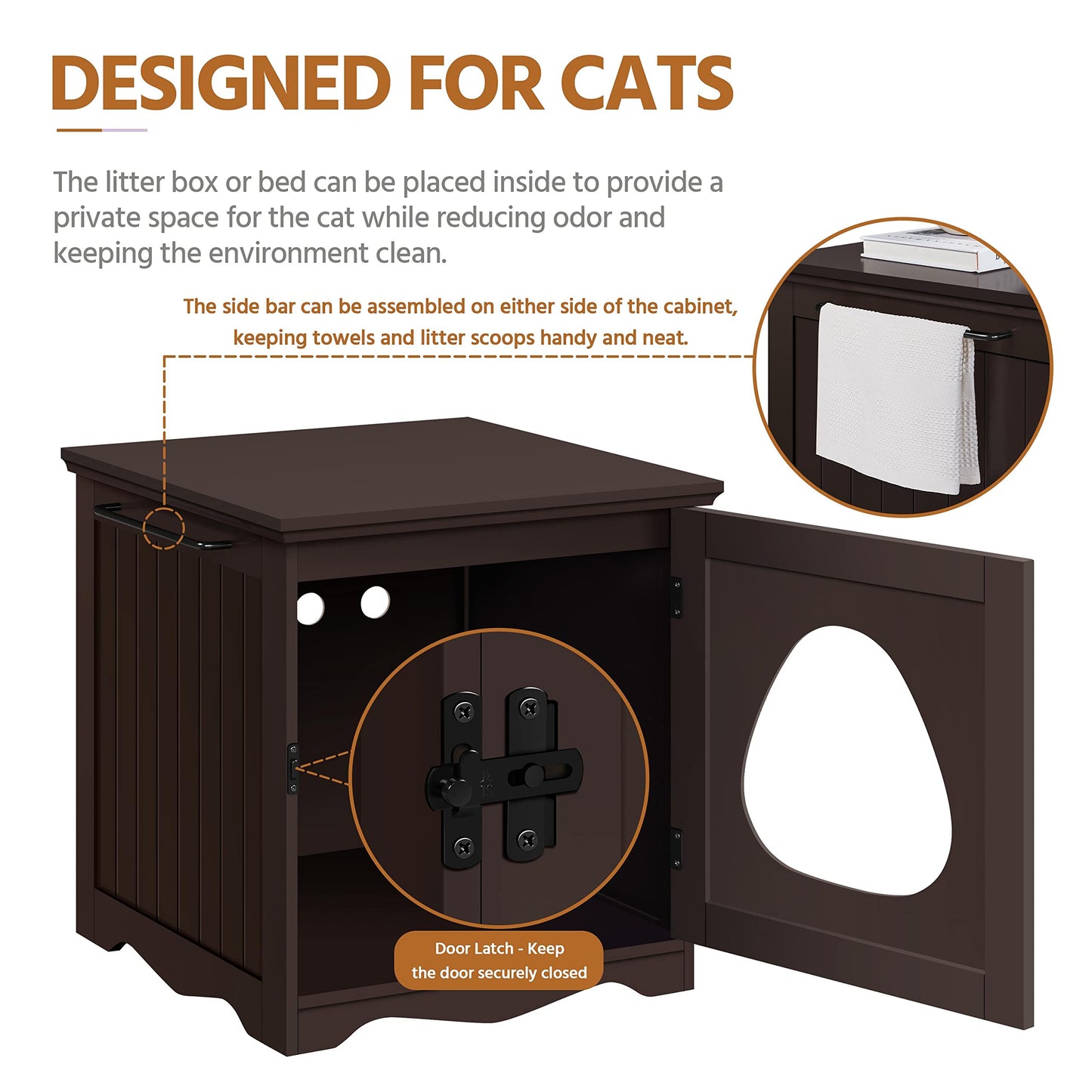 Yaheetech Cat Litter Box Enclosure, Litter Box Furniture Hidden with Towel Bar, Wooden Cat Washroom, Dog Proof Cat Litter Box Cabinet, Indoor Cat House, Side End Table, Espresso - WoodArtSupply