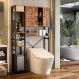Over The Toilet Storage Cabinet with Doors - 7 Tier Bathroom Organizer with Adjustable Shelf, Freestanding Space Saver Rack Above Toilet Stand with 4 Hooks for Bathroom, Restroom, Laundry, Rustic Besiost