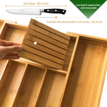 VaeFae Bamboo Silverware Drawer Organizer Kitchen, Expandable Utensil Organizer with Knife Block, Cutlery Tray with Divider, Multifunctional Wooden Drawer Organizer