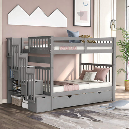 MERITLINE Gray Full Over Full Bunk Bed with Staircase and 6 Storage Drawers for Kids and Teens - WoodArtSupply