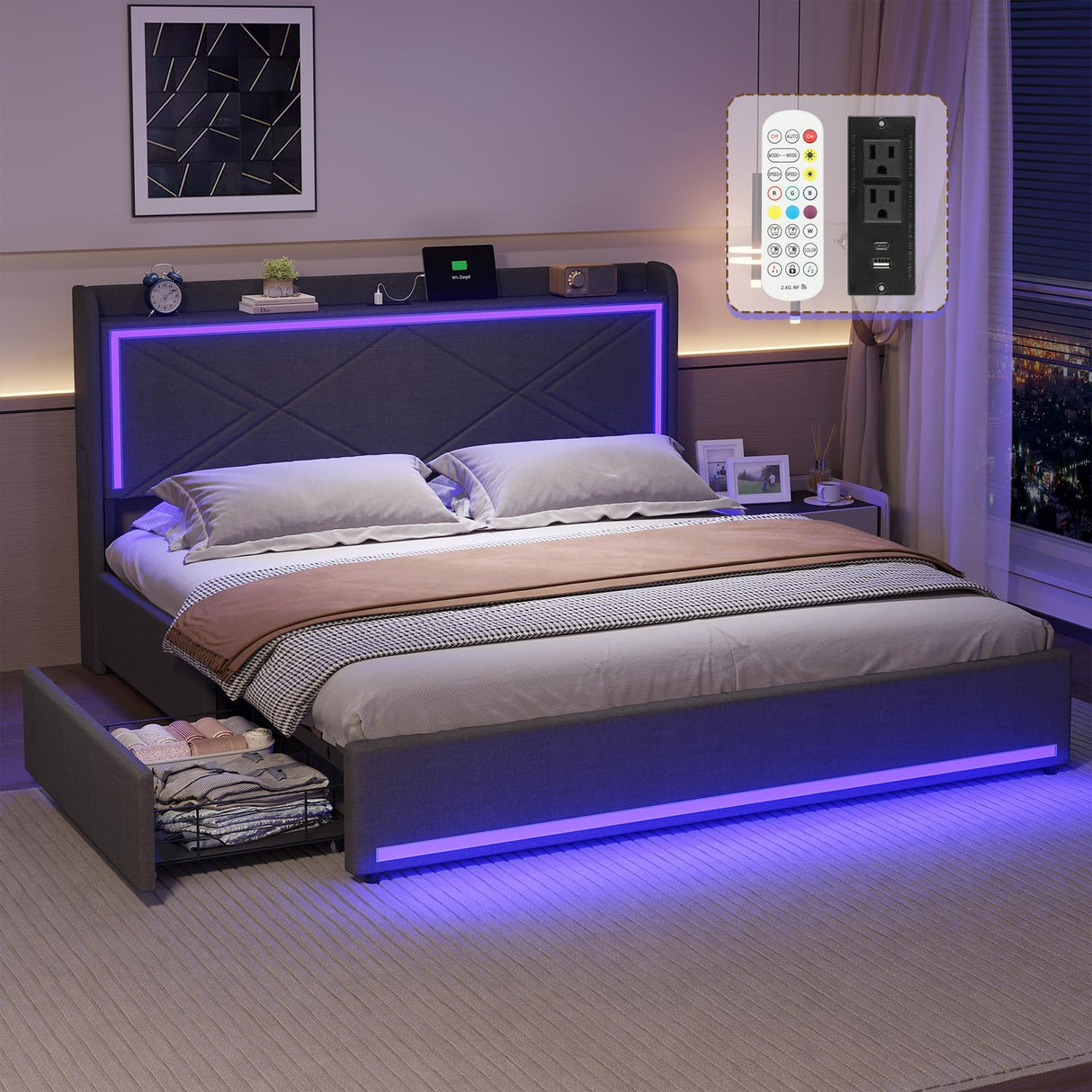 BTHFST Modern Queen Bed Frame with RGB LED Headboard, USB Charging & Storage Drawers in Dark Gray BTHFST