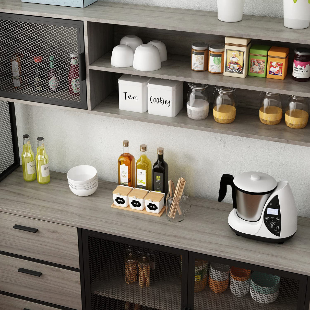 ECACAD Walnut Modern Wood Sideboard Buffet with Hutch, Metal Mesh Doors, and Ample Storage Compartment ECACAD
