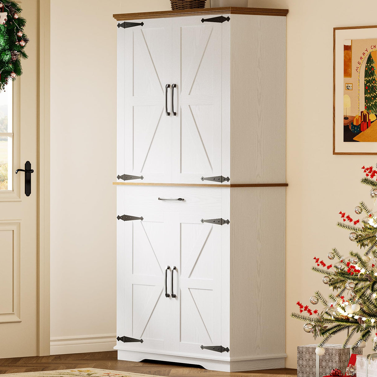 IRONCK Farmhouse Kitchen Pantry Cabinet, Tall Storage Cabinet with 6 Hanging Shelves and Adjustable Shelves, Freestanding Cupboard with Barn Doors for Kitchen, Dining Room， White/Walnut IRONCK