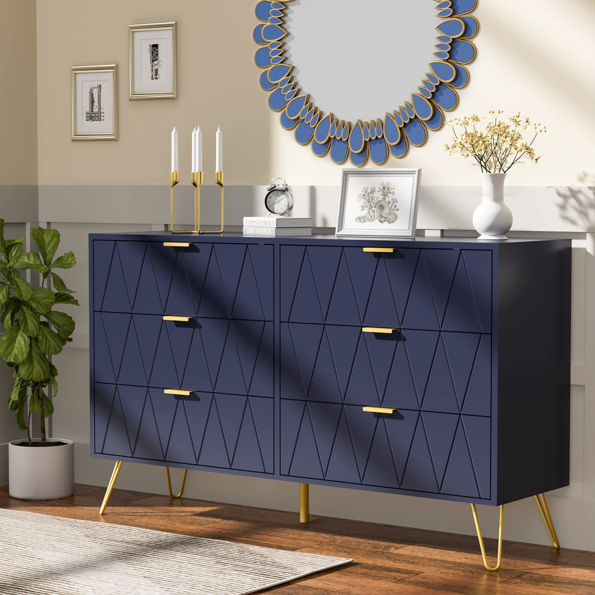 Anbuy Bedroom Sets Navy Blue Sets 3Pcs Large 6 Drawer Dresser and Night Stand Sets for Bedroom, Two Drawers Nightstand Set of 2 & 6 Drawer Dresser Combo 3 Pieces (Navy Blue)