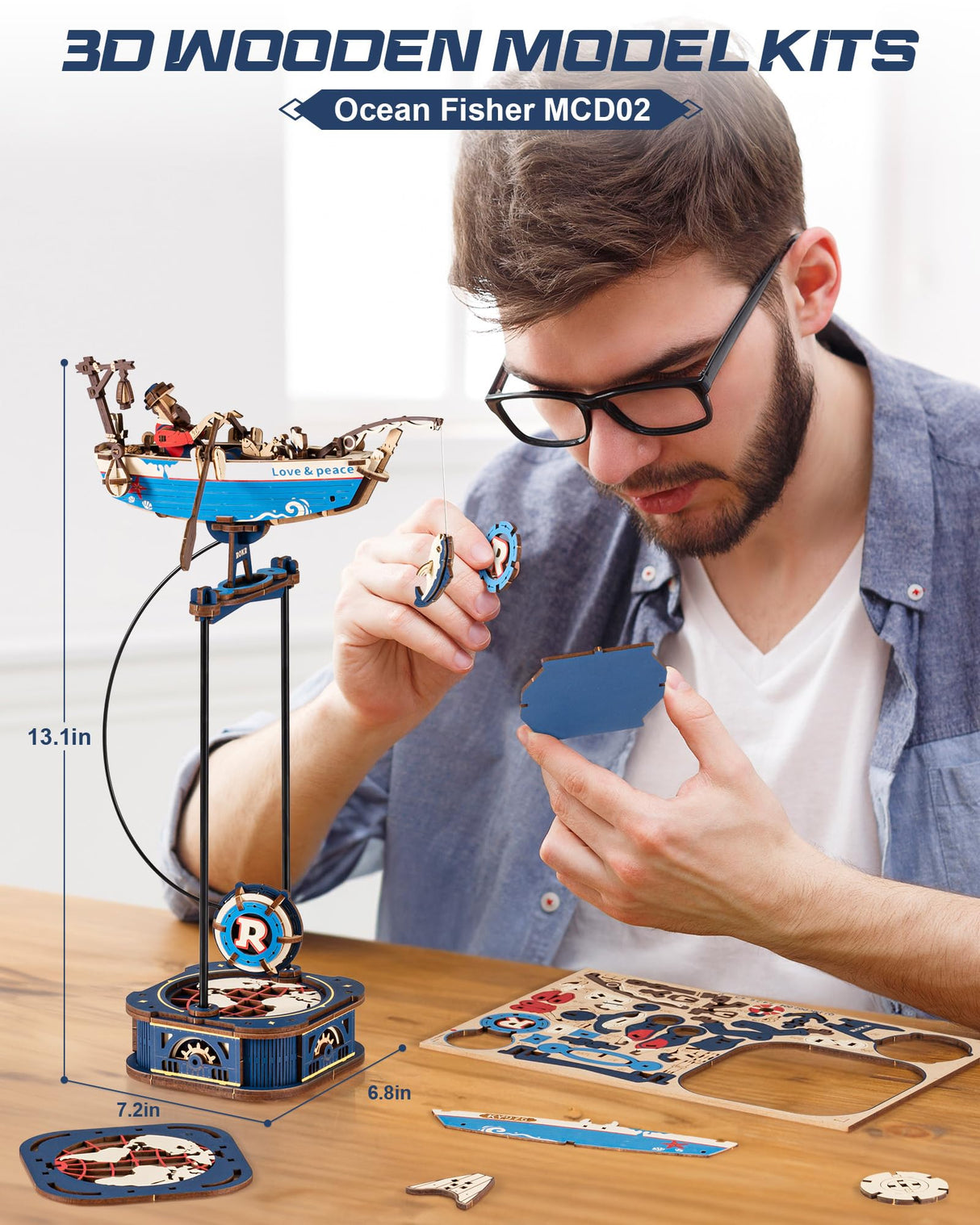 ROKR 3D Wooden Puzzles for Adults,Gravity Swing Ocean Fisher Model kit, 161Piece 3D Puzzles for Adults ROKR