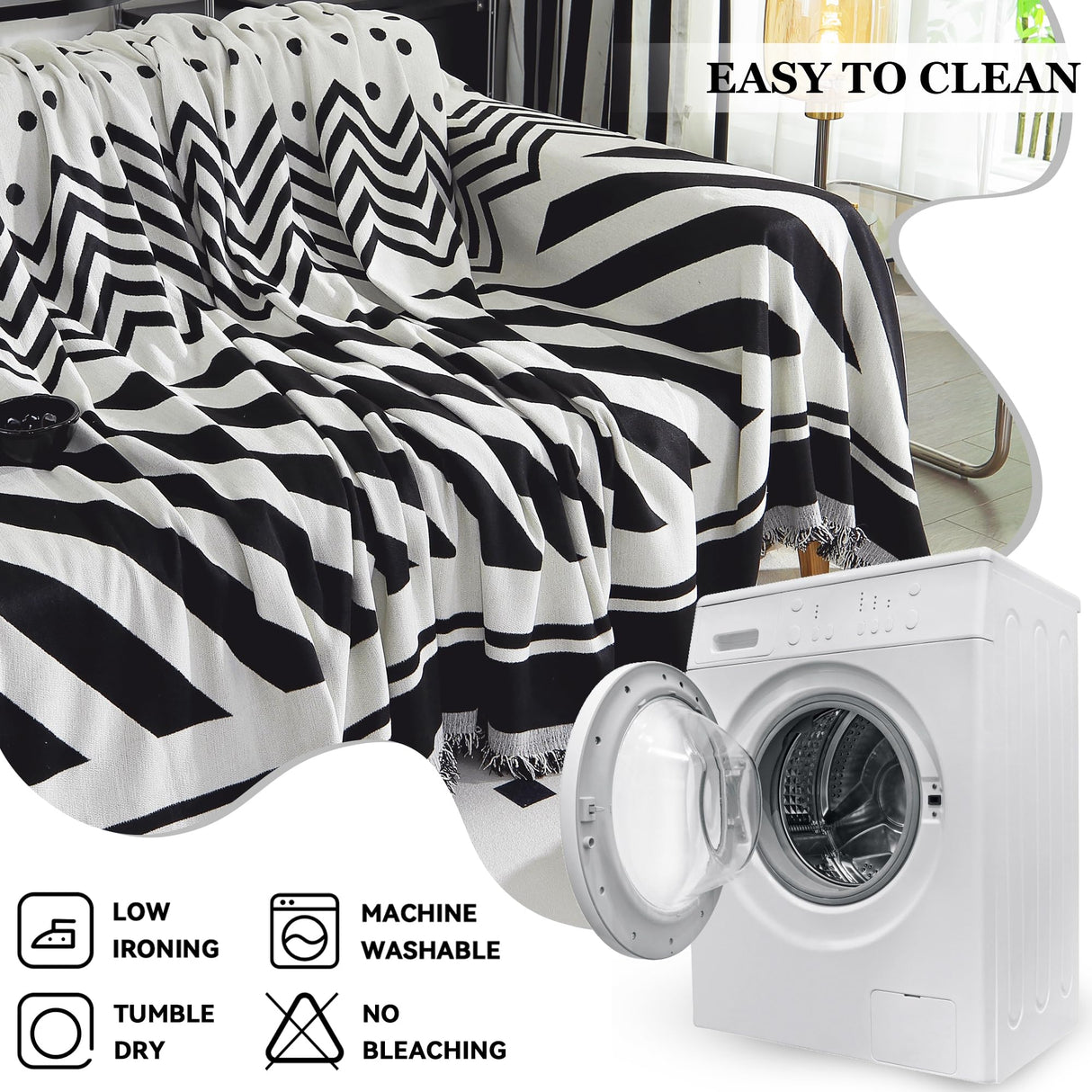 Tritard Boho Couch Cover Reversible Striped Sectional Couch Covers Black White Sofa Loveseat Covers Chenille Cushion Covers with Tassel Washable Couch Protector for Dogs Pet Futon Cover (71"-134") Tritard