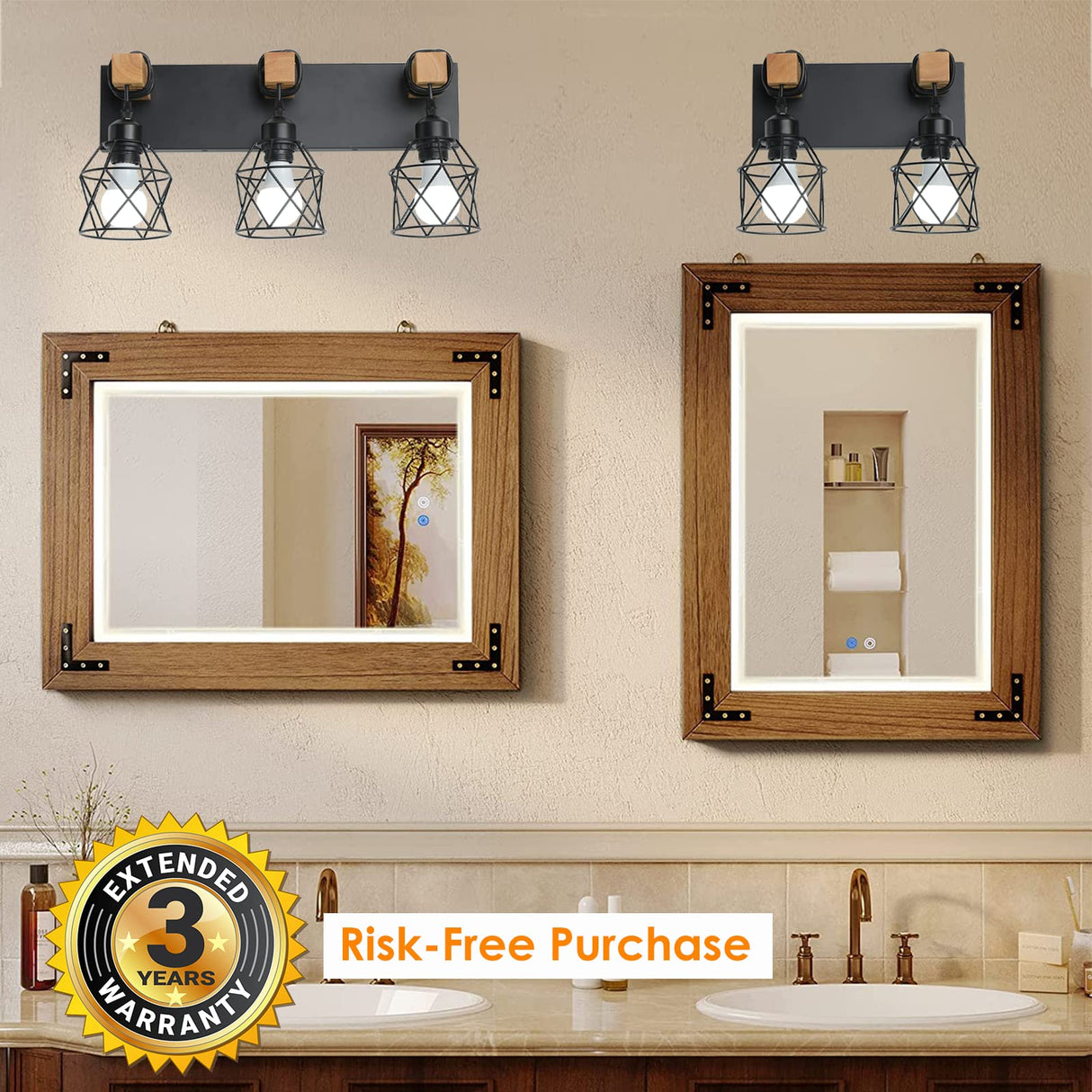 Farmhouse Vanity Light Fixture,2-Light Bathroom Lighting,Black Industrial Wood Wall Light Over Mirror with Metal Shade,LED Bulbs Included vivihobb