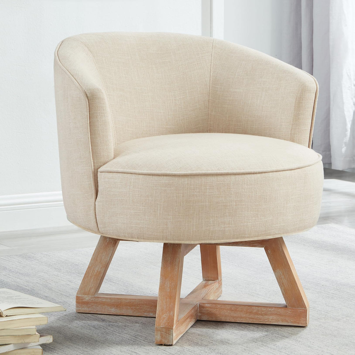 NoeBanJe Swivel Accent Chair, Farmhouse Retro Swivel Chair, Dressing Chair, Linen Fabric Upholstered Reading Chair with Wood Base Bucket Chair for Living Room, Bedroom, Office, Dresser (Beige) NoeBanJe