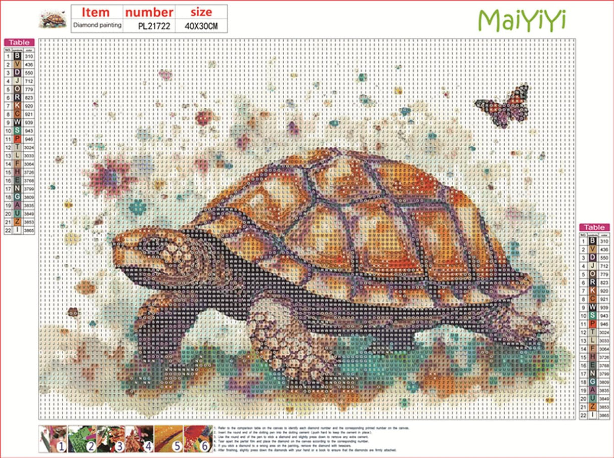 MaiYiYi Butterfly Tortoise Diamond Painting Set, 5D Full Round Drill Sea Turtle and Butterfly Diamond Painting by Numbers, Flower Turtle Paint with Gems for Adult Beginners Wall Art Decor (40X30 CM) MaiYiYi