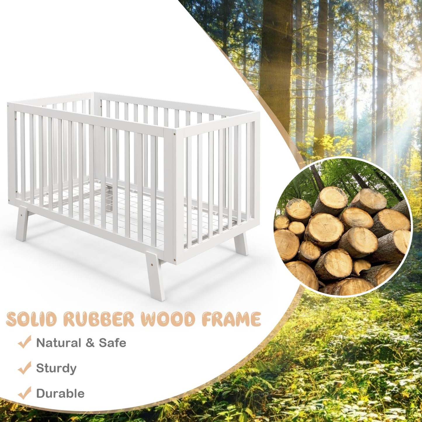 BABY JOY Wooden Baby Crib, Rubber Wood Mini Crib w/ 3-Height Adjustable Mattress Support Base & Full-Length Guardrails, Toddler Bedroom Furniture Fence Bed (White) - WoodArtSupply