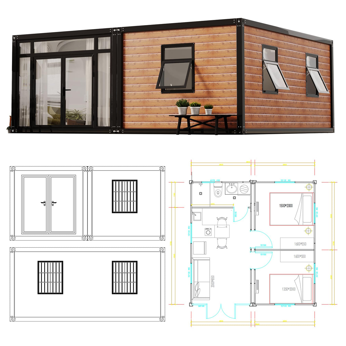 20FT Tiny House to Live in,Portable Prefab House with 2 Bedroom,1 Full Equiped Bathroom and Kitchen,Prefabricated Container House for Adults Living,Foldable Mobile Home with Steel Frame AMGUI