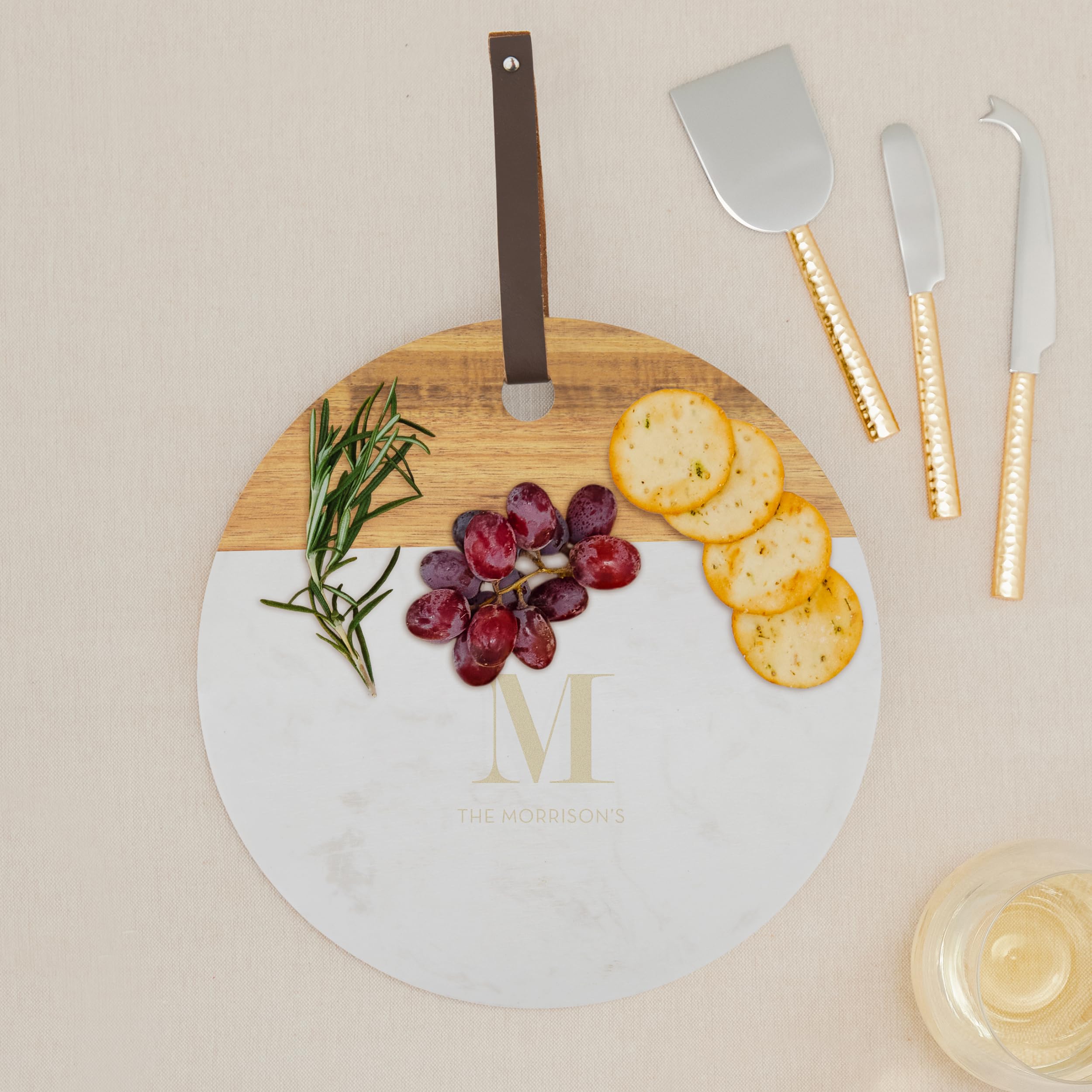 Weddingstar Custom Engraved Circular Wooden Acacia Plank & Marble Serving Tray - Thumbnail 2