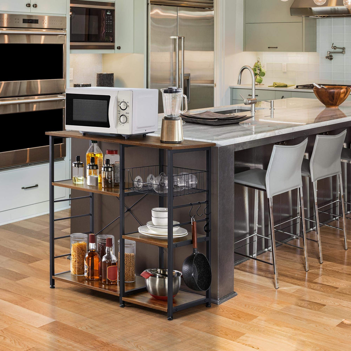 Yaheetech 4-Tier Kitchen Baker's Rack, Coffee Bar Microwave Stand Cart with Wire Basket & 6 Side Hooks, Kitchen Organizer Shelf for Spices/Utensils Foods, Rustic Brown Yaheetech