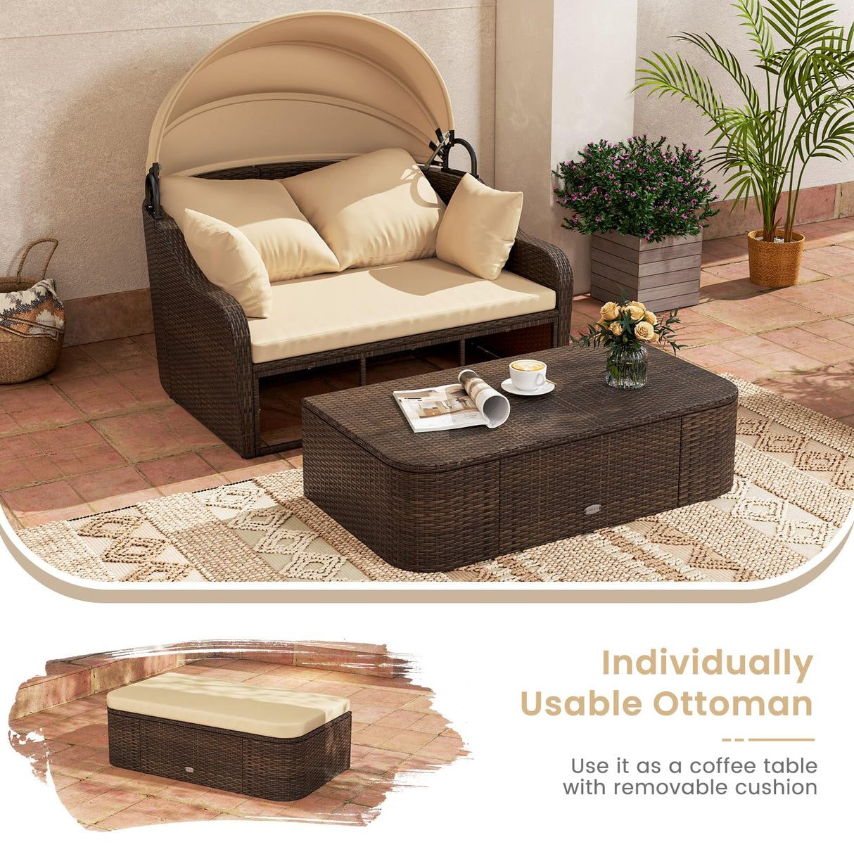 Moccha Outdoor Daybed with Retractable Canopy - PE Rattan Double Chaise Lounge w/Soft Cushions, Pillows, Ottoman, Outside Sunbed, Wicker Loveseat Sofa, Sectional Conversation Set, Patio Furniture Set LDAILY