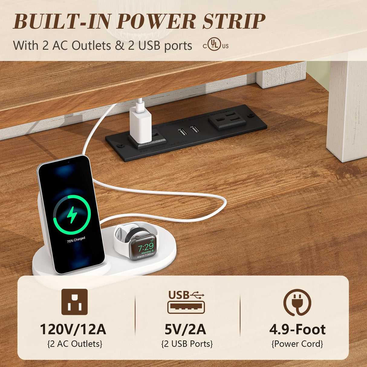 YOMILUVE Farmhouse Executive Desk with Drawers, 47" Computer Desk with Power Outlets, Home Office Desk with Monitor Stand & 4 Drawers, Small Desk Writing Study Table, Antique White YOMILUVE