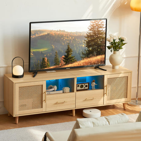 JanflyHome TV Stand for 70 Inch TV-Modern Rattan Media Console with Power Outlet, Entertainment Center with LED Light, Rattan TV Console Furniture for Living Room, Wood JanflyHome