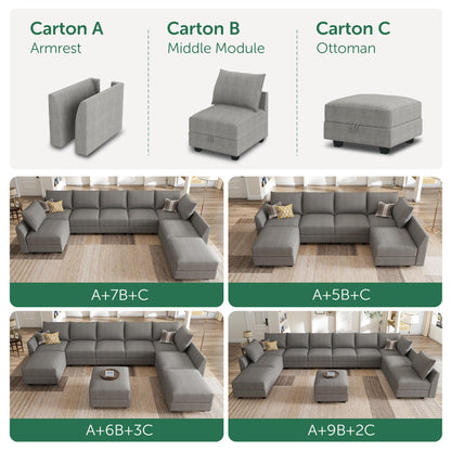 HONBAY Oversized Modular Sectional Sofa with Storage Seats Reversible Sectional Couch with Ottomans U Shaped Modular Sectional Couch for Living Room, Grey