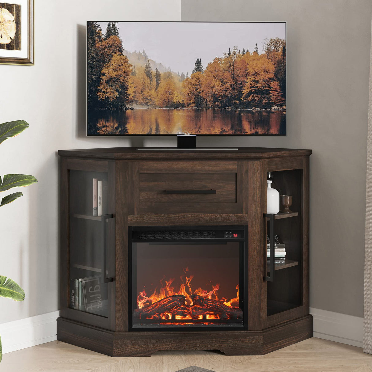 BELLEZE 43" Corner TV Stand with 18" Electric Fireplace Heater for TVs up to 43", Modern Corner Wood Entertainment Center with Glass Door Storage Cabinets - Dale (Dark Walnut) BELLEZE