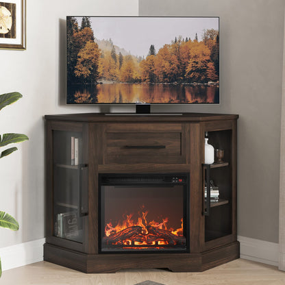 BELLEZE 43" Corner TV Stand with 18" Electric Fireplace Heater for TVs up to 43", Modern Corner Wood Entertainment Center with Glass Door Storage Cabinets - Dale (Dark Walnut)