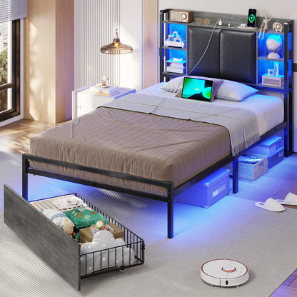 VIAGDO Twin Bed Frame with LED Lights, Upholstered Storage Headboard, Charging Station, and Drawers - WoodArtSupply