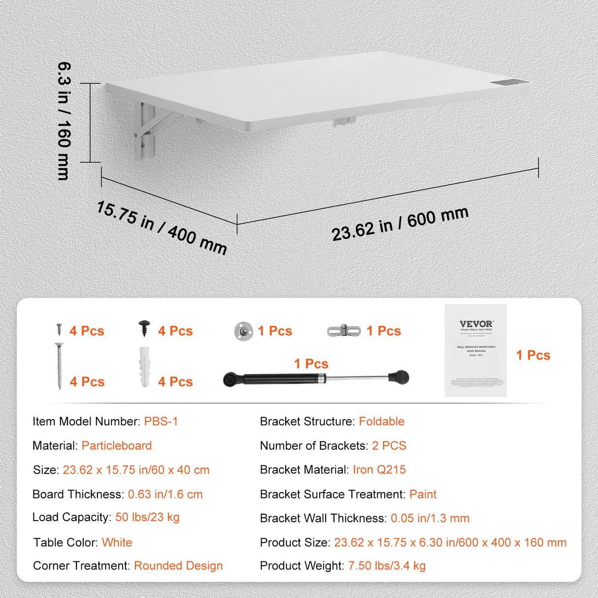 VEVOR Wall Mounted Folding Table, 23.62" x 15.75" Wall Mount Drop Leaf Table, Floating Desk with Iron Bracket, Fold Down Desk for Small Spaces, Home Office, Dining, Laundry Room, Kitchen, Bar, White VEVOR