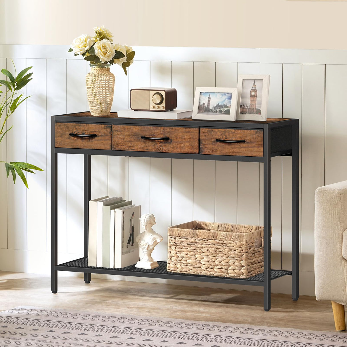 MAHANCRIS Console Table with Drawer, Industrial Entryway Table with Storage, Narrow Sofa Foyer Table for Living Room, Entrance, Hallway, Couch, Corridor, Rustic Brown and Black CTHR23301 MAHANCRIS