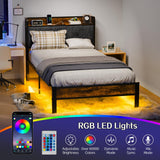 Twin Bed Frame with Smart LED Lights, Storage Headboard and USB Charging Station, Metal Platform Bed Easy Assembly, Noise Free, No Box Spring Needed Liians