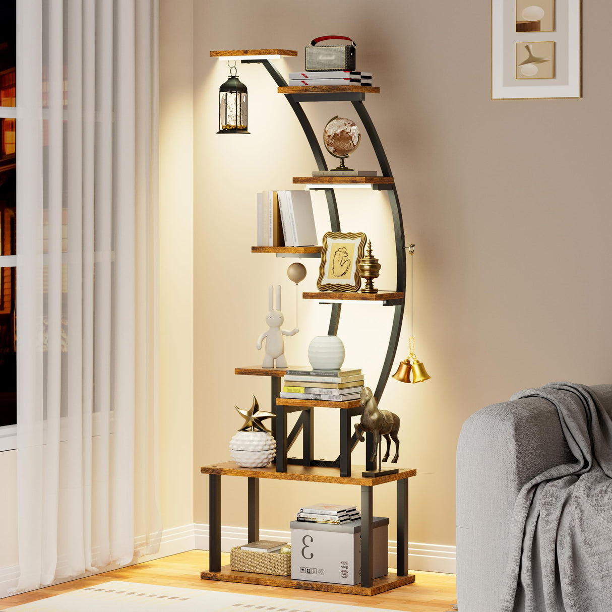 BECOKOME Bookshelf with Lights - 63" Tall Unique Bookshelves, 9-Tier Book Shelf for Collectibles, Black Display Shelf with Light, Half-Moon Ladder Book Stands for Bedroom Living Room, Rustic Brown BECOKOME