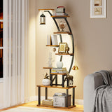 BECOKOME Bookshelf with Lights - 63" Tall Unique Bookshelves, 9-Tier Book Shelf for Collectibles, Black Display Shelf with Light, Half-Moon Ladder Book Stands for Bedroom Living Room, Rustic Brown BECOKOME