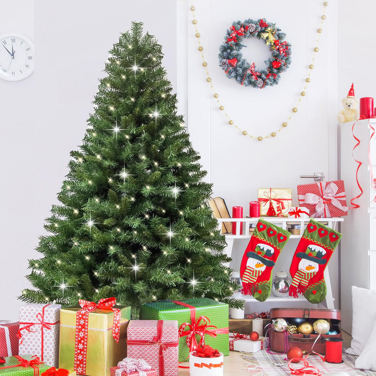 ibidan 8ft Green Artificial Christmas Tree with Led Lights, Premium Foldable Xmas Tree Full with Branch Tips, Faux Christmas Tree with Lights for Bedroom, Corner, Easy Assembly with Metal Stand ibidan