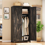 LUXOAK 70" Large Armoire Wardrobe Closet with Hanging Rod, Farmhouse Clothing Storage Cabinet with 2 Barn Doors, Wooden Tall Bedroom Armoires with Shelf, Dark Oak Wood LUXOAK