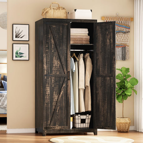 LUXOAK 70" Large Armoire Wardrobe Closet with Hanging Rod, Farmhouse Clothing Storage Cabinet with 2 Barn Doors, Wooden Tall Bedroom Armoires with Shelf, Dark Oak Wood LUXOAK