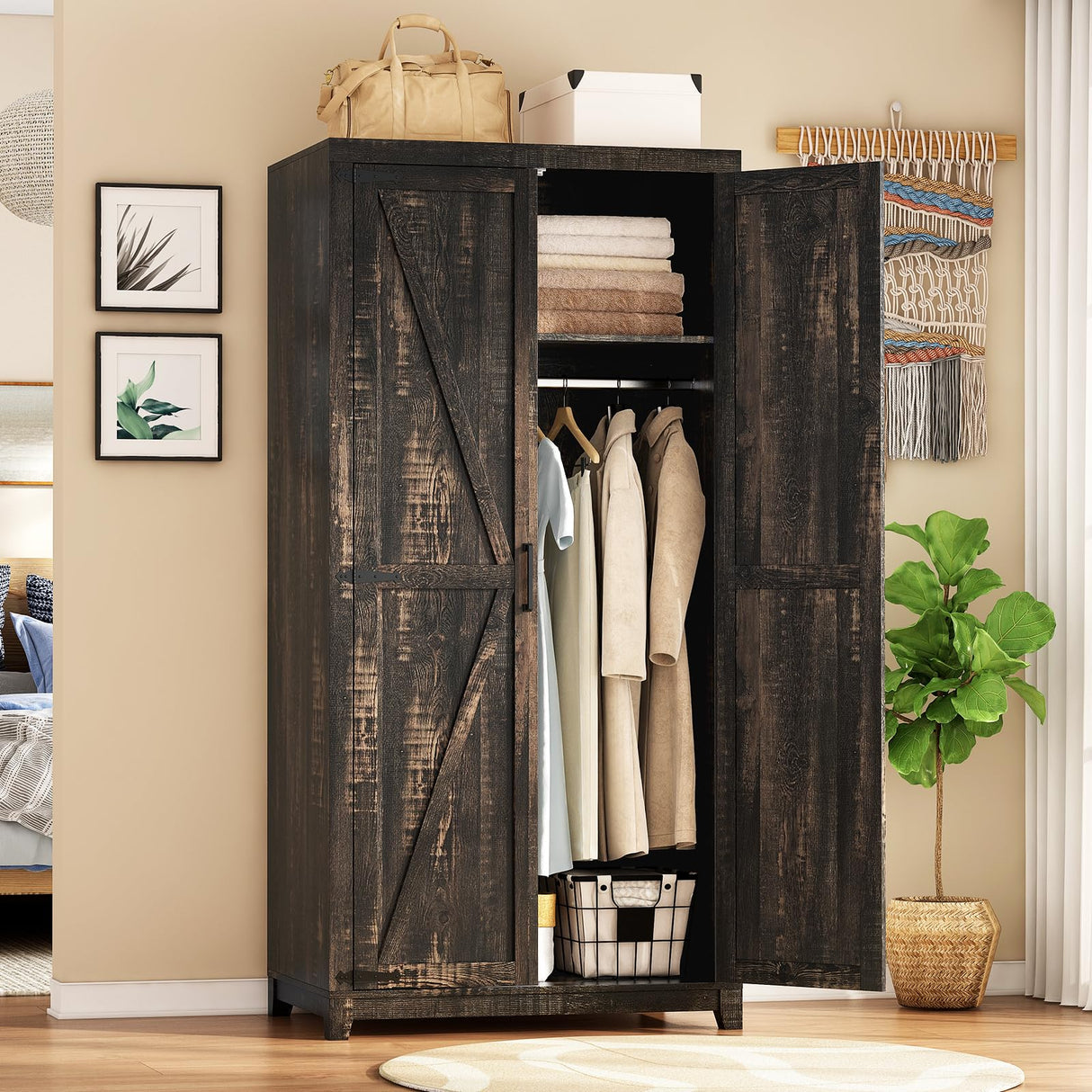 LUXOAK 70" Large Armoire Wardrobe Closet Set of 2 with Hanging Rod, Farmhouse Clothing Storage Cabinet with 4 Barn Doors, Wooden Tall Bedroom Armoires with Shelf, Dark Oak Wood LUXOAK