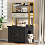 YITAHOME 27" Cat Litter Box Enclosure with Storage Shelves, Large Hidden Cat Litter Box Furniture with 2 Drawers & Soft Cusion, Wooden Hidden Cat Cabinet Washroom Corner, Black YITAHOME