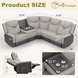 Dresegmt Manual Recliner Sectional Sofa for Living Room, Corner Couch with Flip Middle Backrest, USB Ports & Cup Holders, Grey Linen & Chocolate Leather, 5 Seater Sectional Couch Dresegmt