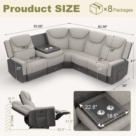 Dresegmt Manual Recliner Sectional Sofa for Living Room, Corner Couch with Flip Middle Backrest, USB Ports & Cup Holders, Grey Linen & Chocolate Leather, 5 Seater Sectional Couch Dresegmt