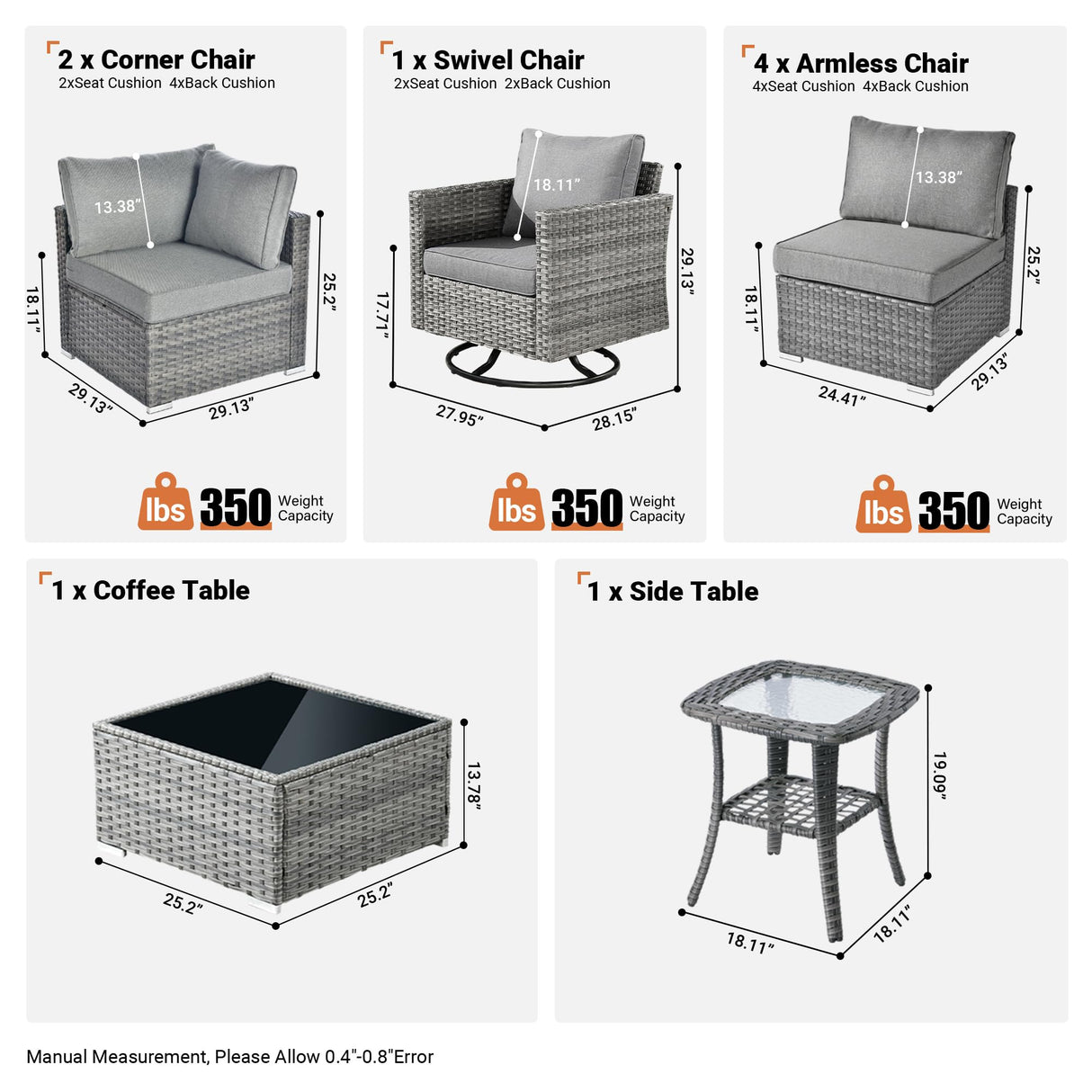 ovios Outdoor 9 Piece Coversation Set with Swivel Rocking Chair,Sectional Patio Furniture Set with All-Weather Wicker Sofa,Modern Outside Couch for Balcony Backyard Pool, Dark Grey ovios