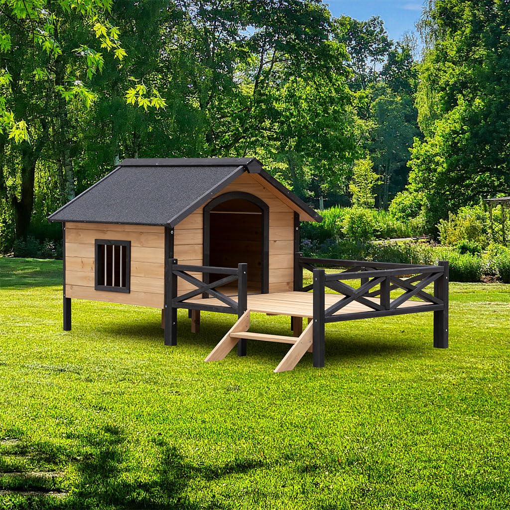 SEOCCTV Wooden Dog Kennel, Weatherproof Dog Houses Outside with Porch and Side Windows Cabin House Style Pet Kennel Wood Dog Crate for Medium Large Pets(43.6" L x 66.9" W x 32.7") - WoodArtSupply