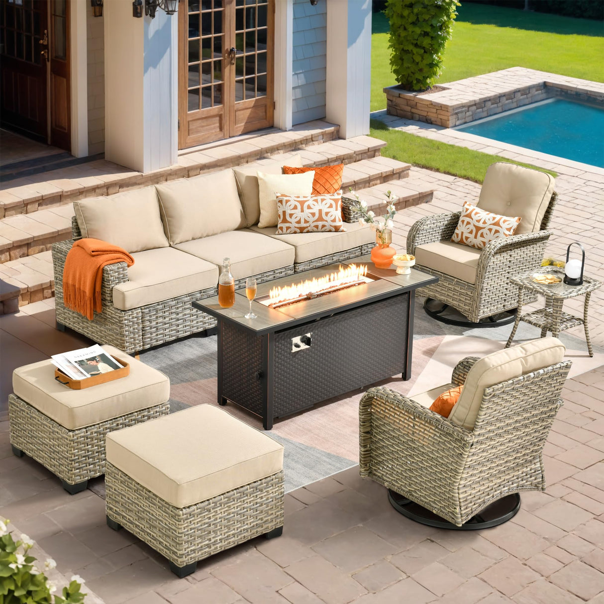 HOOOWOOO Outdoor Sectional Patio Furniture Set with Fire Pit Table,9 Pieces Wicker Conversation Sets,Extra Deep Out Door Sofa Outside Furniture Couch Swivel Chairs Ottoman,Beige HOOOWOOO