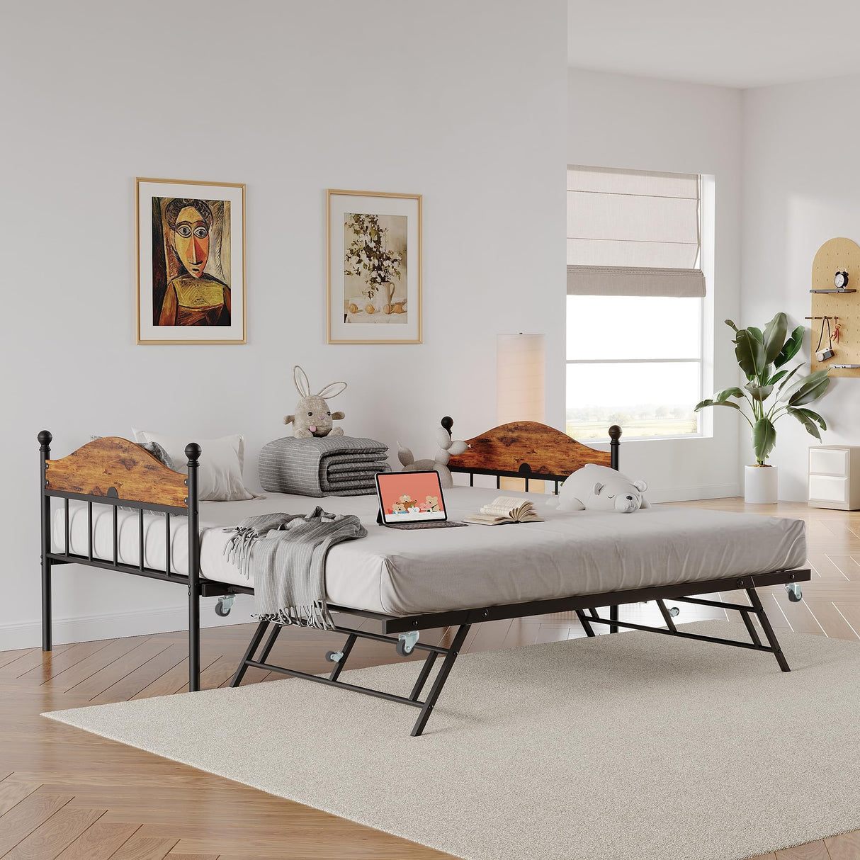 Daybed with Trundle, Sturdy Metal Twin Size Day Bed with Stylish Headboard, Height Adjustable Trundle Bed Twin, Heavy Duty Steel Slats Platform for Living Room, Bedroom and Guest Room, Brown GarveeHome