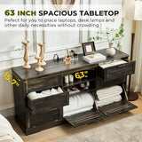 JanflyHome Wood Rustic Chest of Drawers, 63" Wide Vintage 7 Dresser with Outlet and Lights, Farmhouse Drawers Dresser with 4 Drawers & 3 Cabinets for Living Room, Dark Rustic Oak JanflyHome