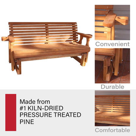 Amish Casual Heavy Duty 800 Lb Roll Back Pressure Treated Porch Glider with Cupholders (5 Foot, Cedar Stain) Amish Casual