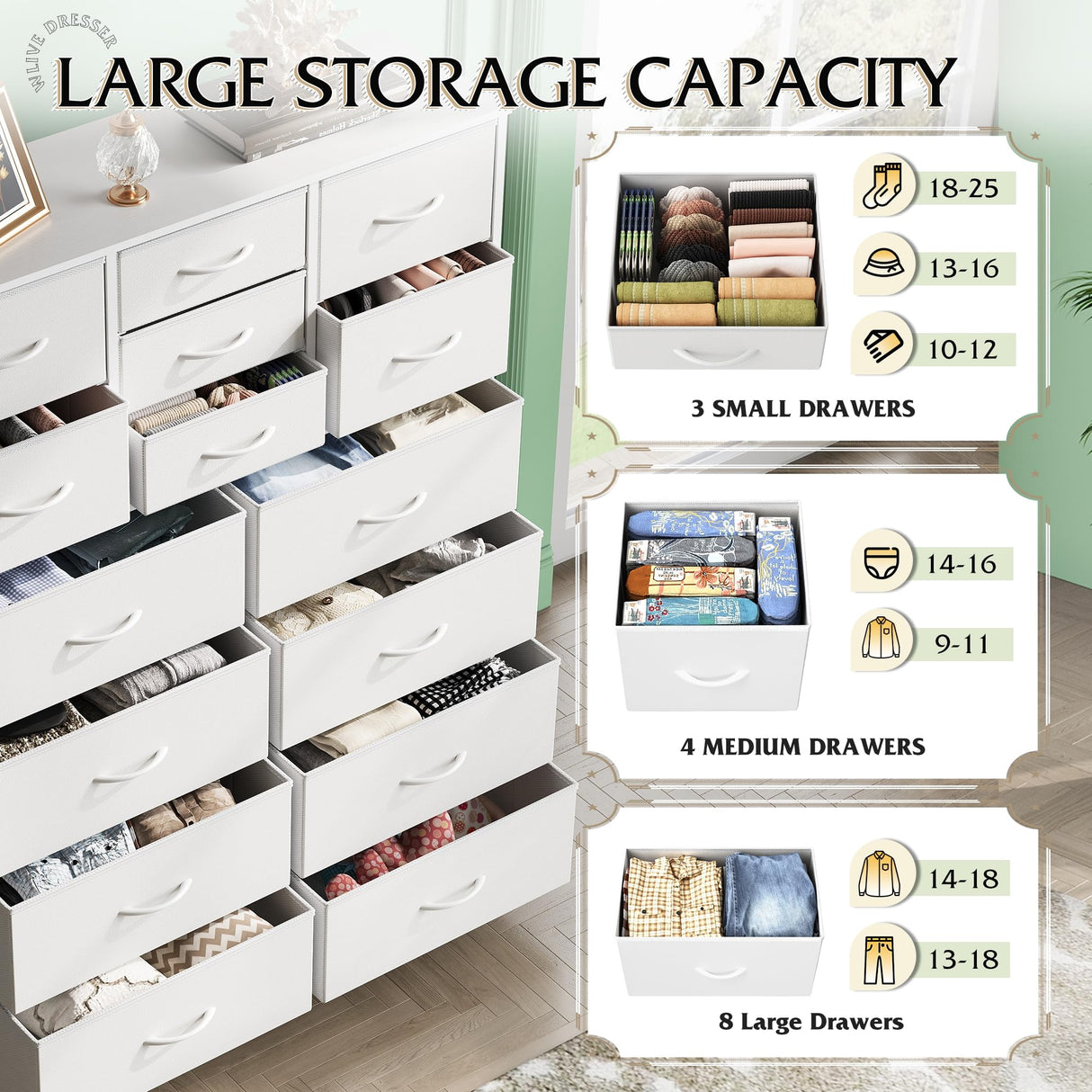 WLIVE Tall White Dresser for Bedroom Furniture, Fabric Dressers Storage Tower with 15 Deep Drawers, Dresser for Closet, Hallway, Entryway, Office, Storage Tower with Cabinet, Metal Frame, Wooden Top WLIVE