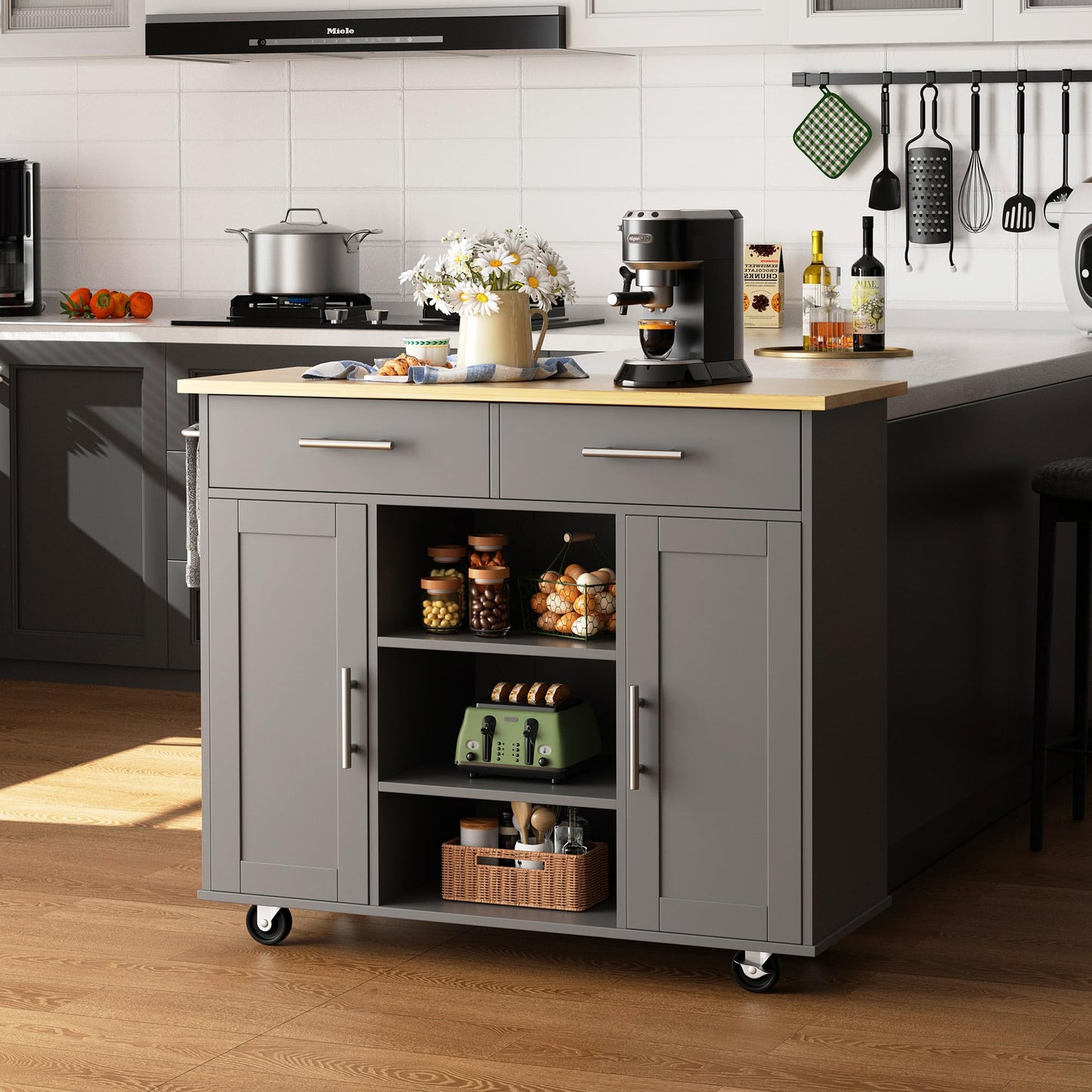 Shintenchi Kitchen Island with Storage, Kitchen Island Cart on Wheels with 3 Open Shelves, 2 Drawers and 2 Cabinets, Rolling Kitchen Table with Large Countertop, Gray