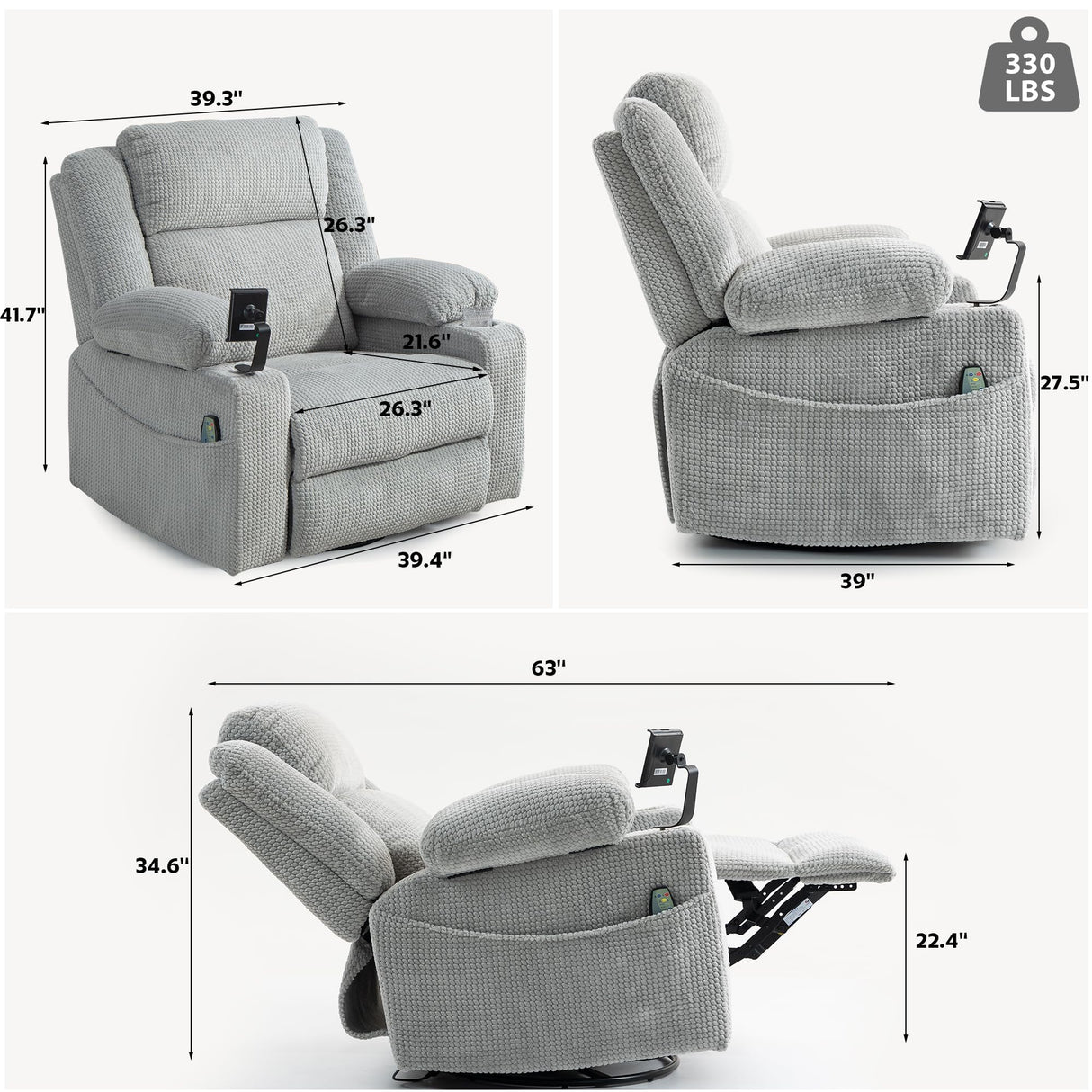 SINCRUMI Power Oversized Swivel Rocker Recliner with Dual Motor Adjustable Headrest for Adults, Glider Rocking Chair with Vibration and Heat, USB A&C Ports, Armrest Storage, Cup Holder, Light Grey SINCRUMI